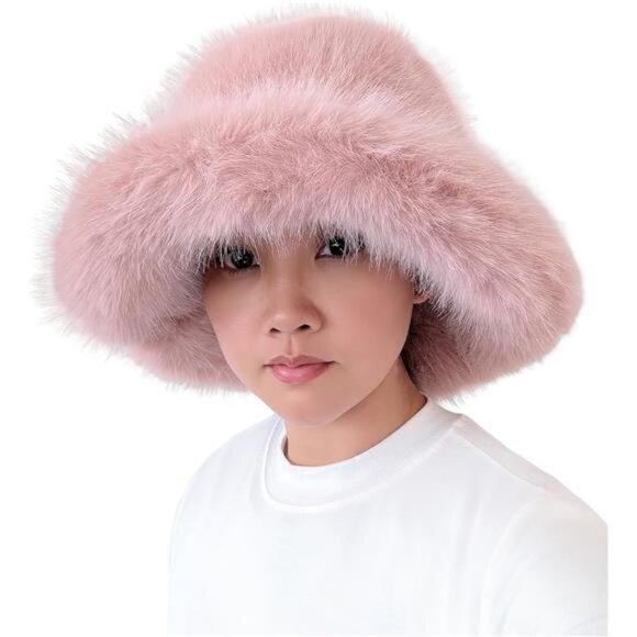Oversized Winter Faux Fur Bucket Hat for Women Dusty Pink - Picture 1 of 5